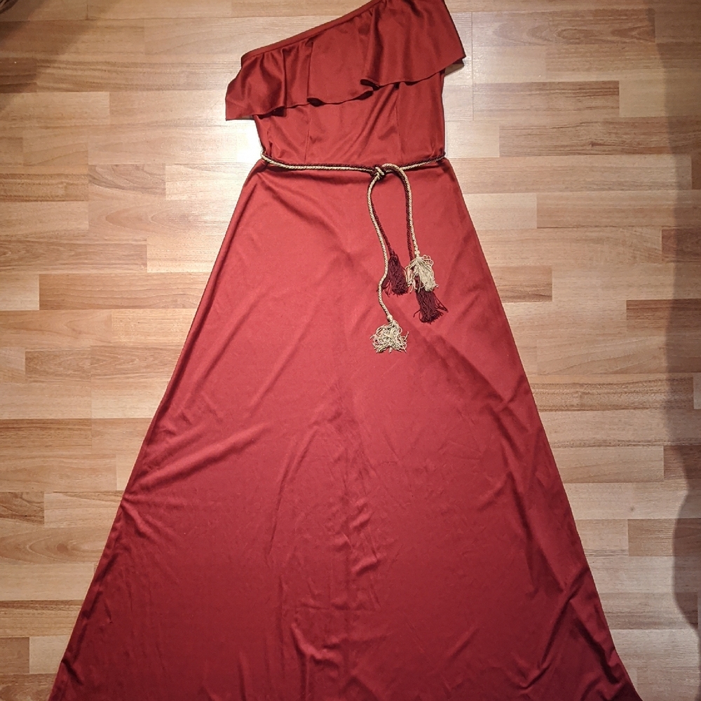 Vintage 1970's Burgundy Asymmetrical One Shoulder Ruffled Gown